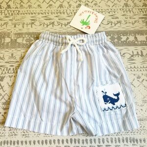 Shrimp & Grits Kids Striped Shorts Whale Embroidery Lt Blue White 18M NWT